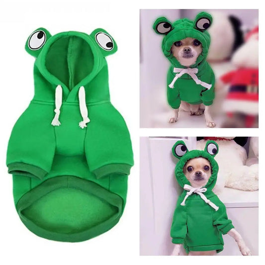 Small dog wearing a green frog hoodie costume