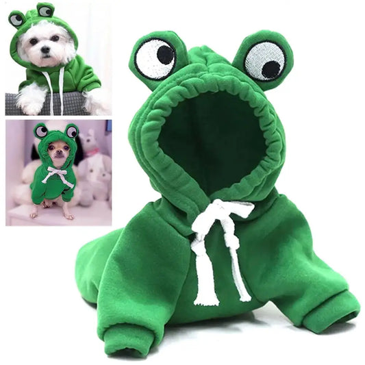 Frog design dog hoodie made from warm fleece fabric