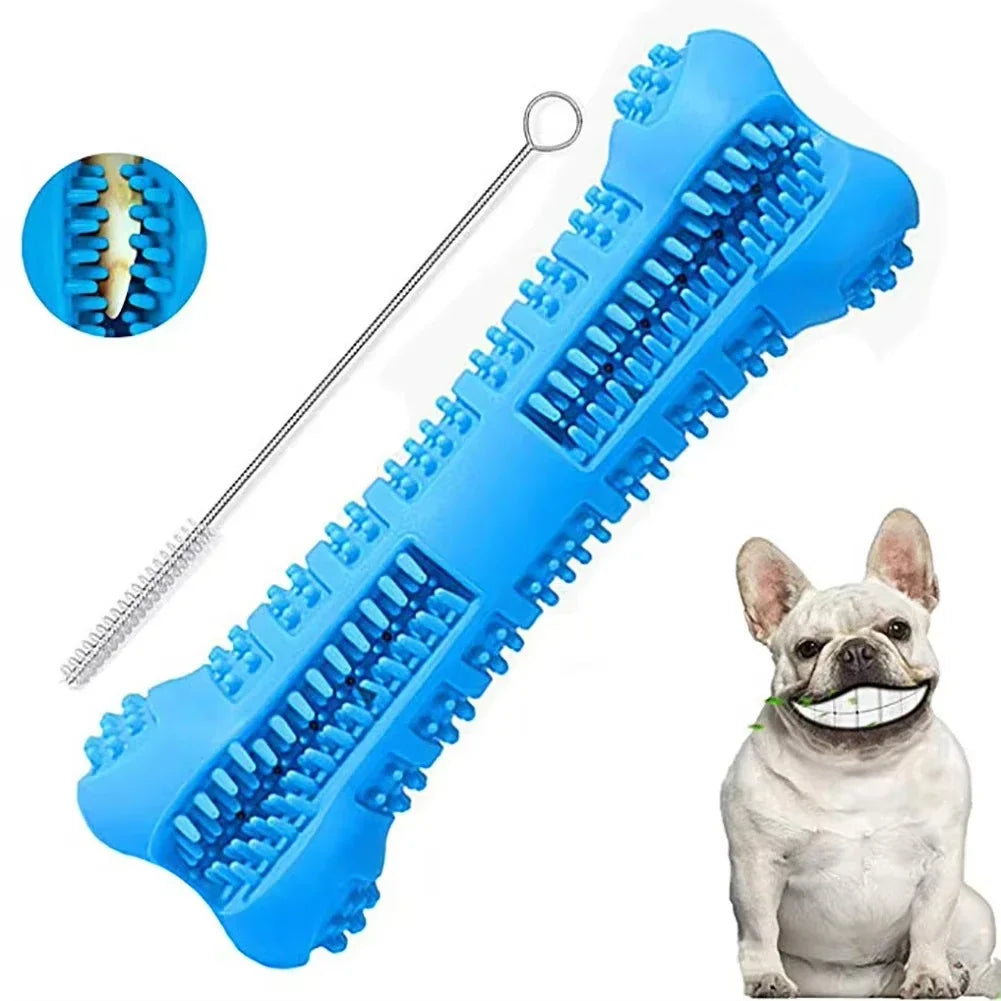 Rubber dog chew toy with textured ridges for teeth cleaning